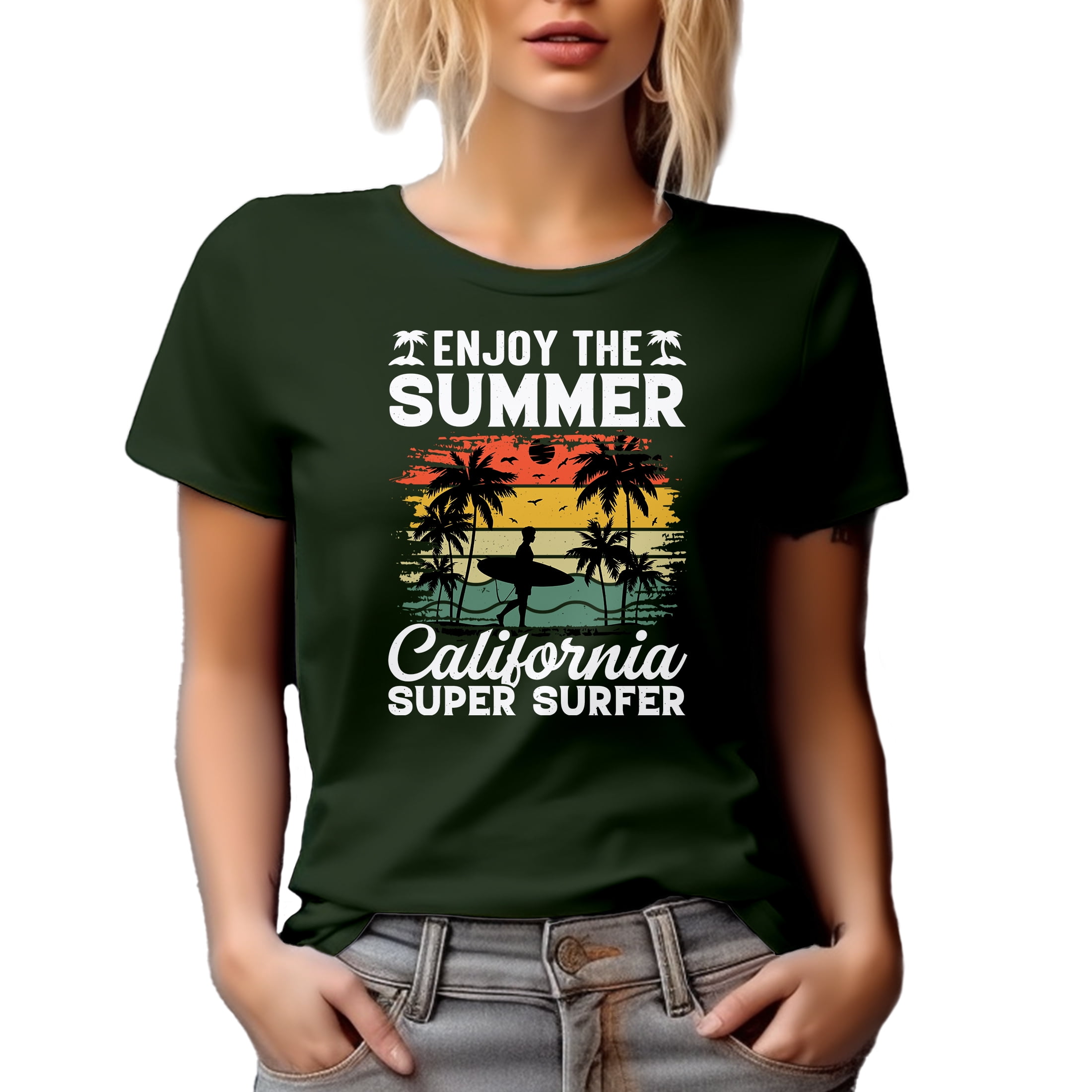Distressed Enjoy the Summer, California Super Surfer - Surfing Enthusiast, Military Green T-Shirt, 3XL