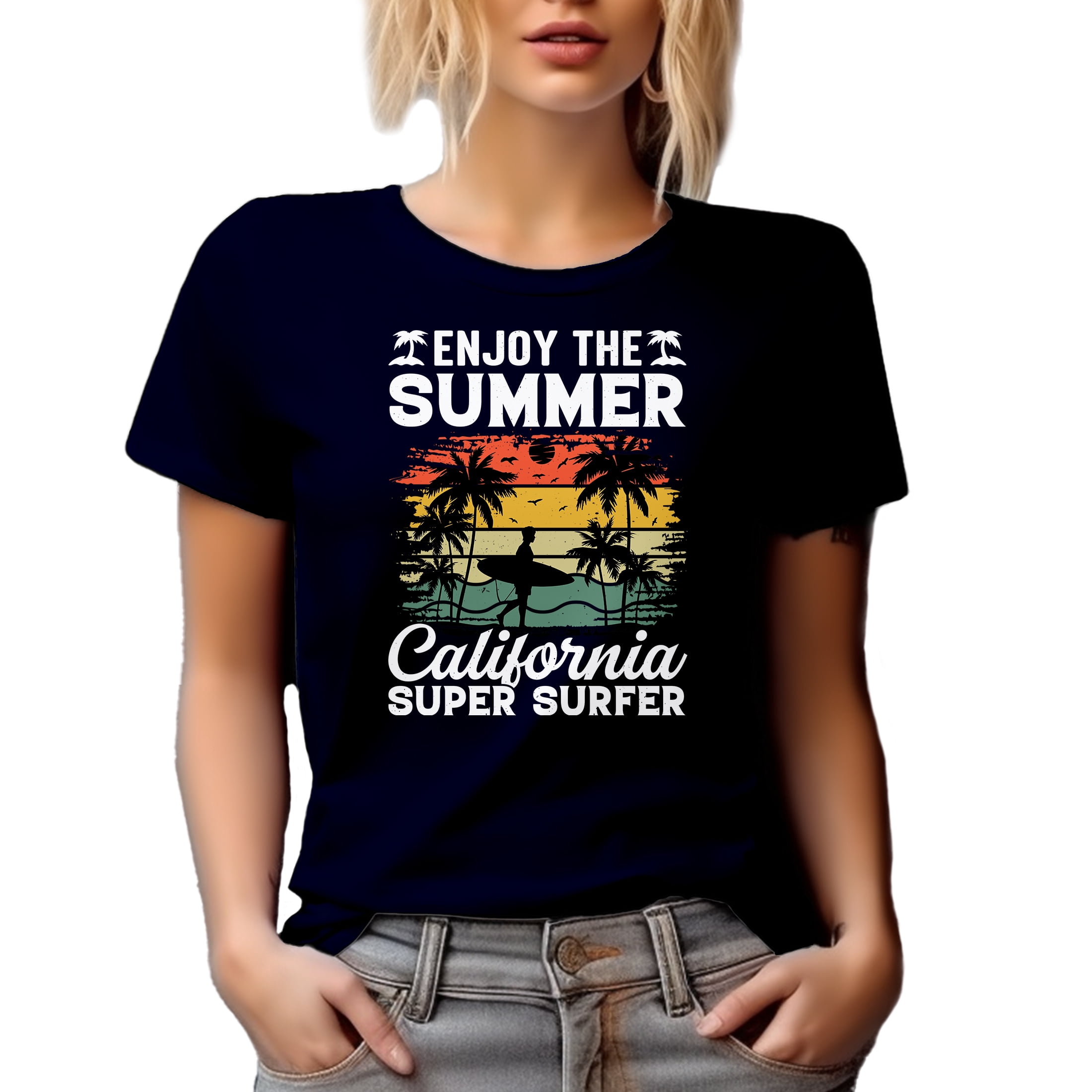 Distressed Enjoy the Summer, California Super Surfer - Surfing Enthusiast, Navy Blue T-Shirt, 2XL