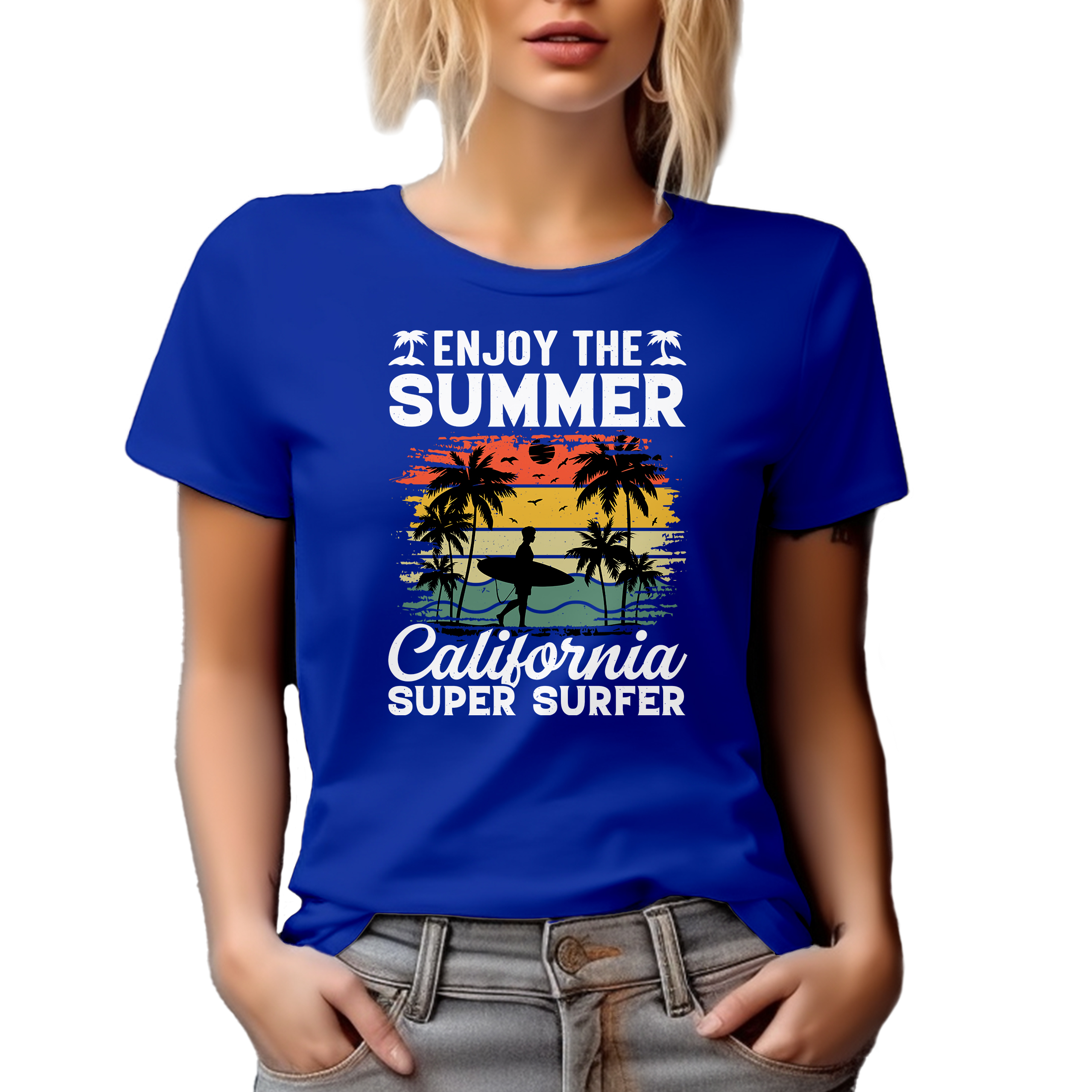 Distressed Enjoy the Summer, California Super Surfer - Surfing Enthusiast, Royal Blue T-Shirt, 2XL