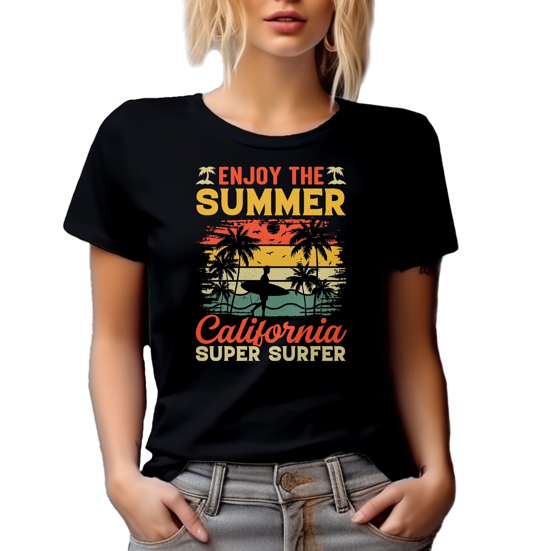 Distressed Enjoy the Summer, California Super Surfer - Surfing Lover, Black T-Shirt, 3XL