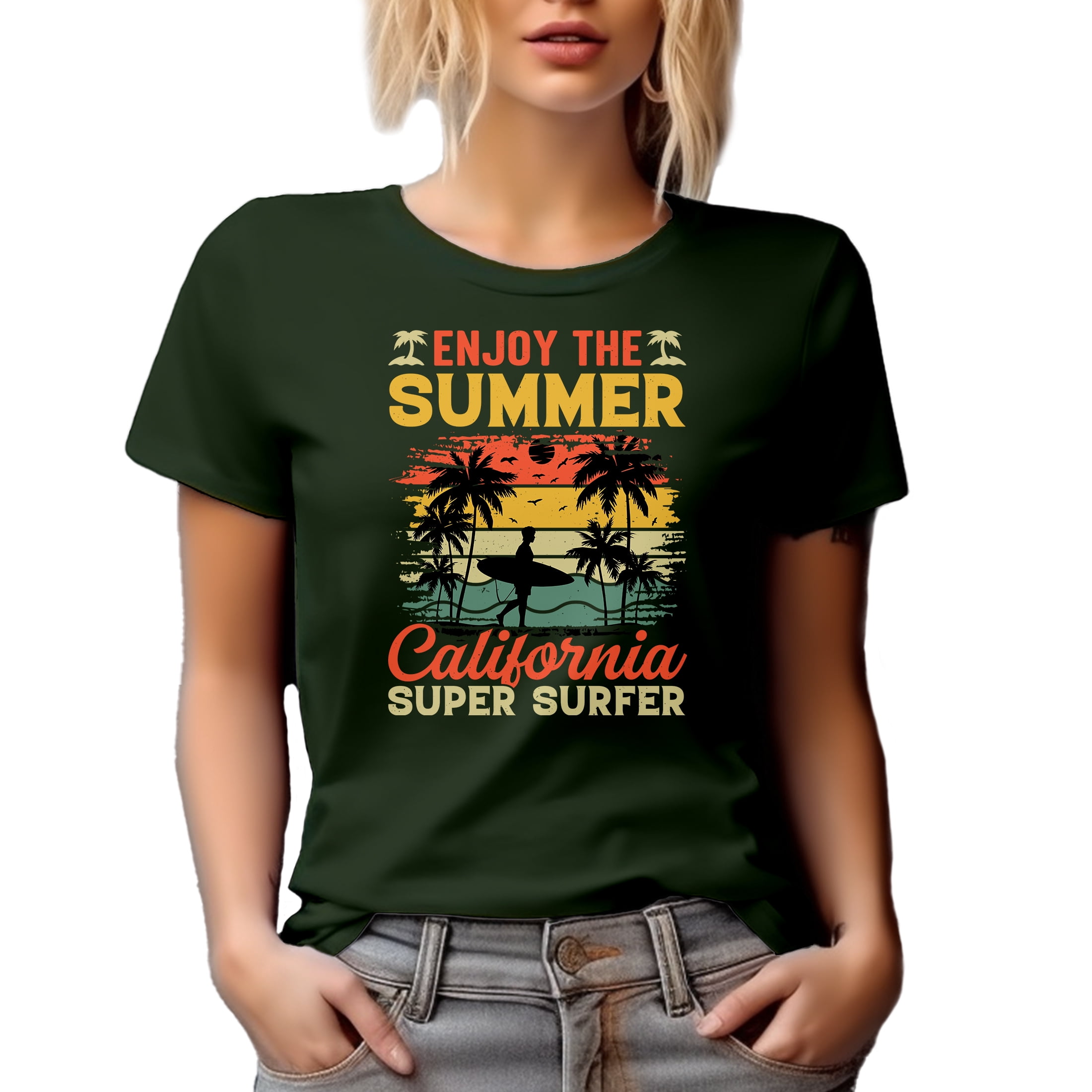 Distressed Enjoy the Summer, California Super Surfer - Surfing Lover, Military Green T-Shirt, 3XL