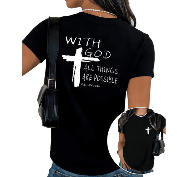 Distressed Faith Based Cross Scripture Print Womens Short Sleeve T-Shirt Oversized Black Tops