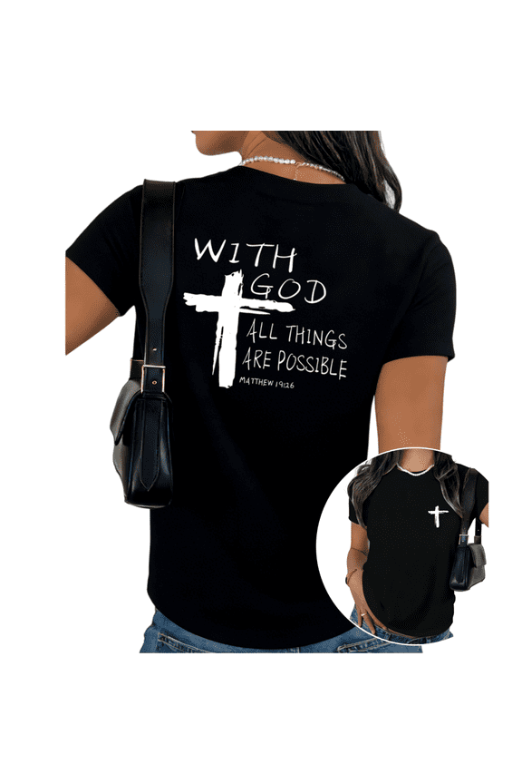 Distressed Faith Based Cross Scripture Print Womens Short Sleeve T-Shirt Oversized Black Tops