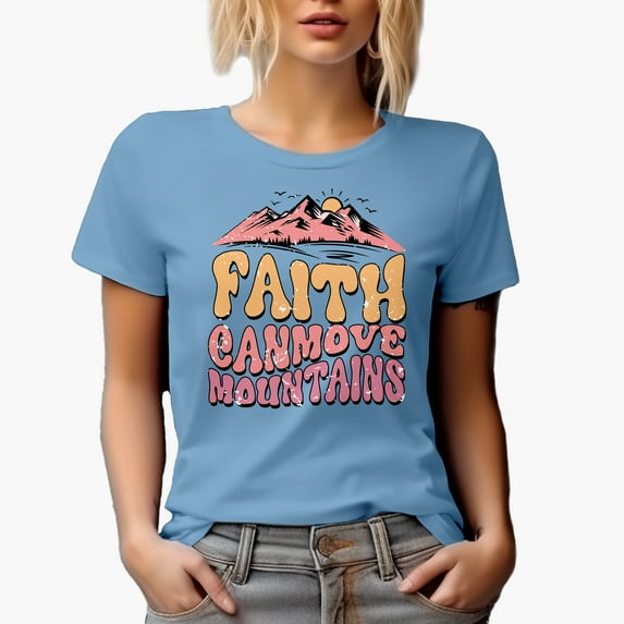 Distressed Faith Can Move Mountains - Retro Wavy Text Art Merch Gift, Baby Blue T-Shirt, Large