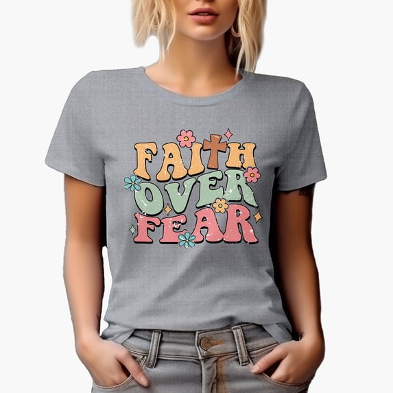 Distressed Faith Over Fear - Retro Wavy Text Art Merch Gift, Heather Grey T-Shirt, 3XL
