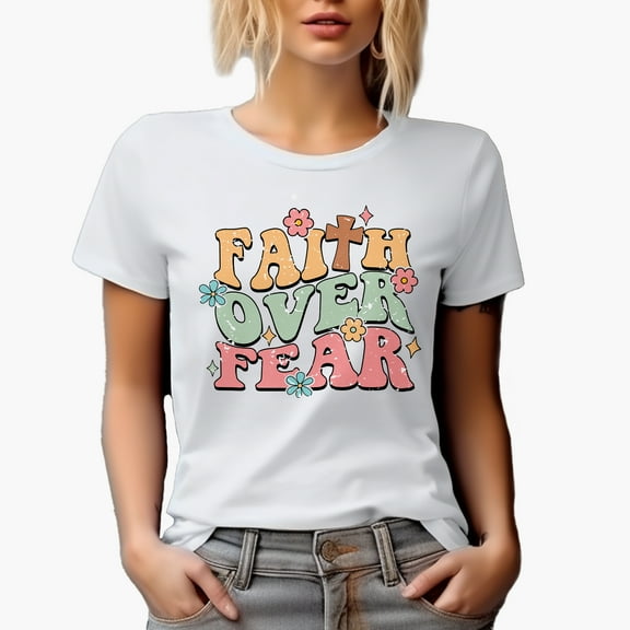 Distressed Faith Over Fear - Retro Wavy Text Art Merch Gift, White T-Shirt, Small