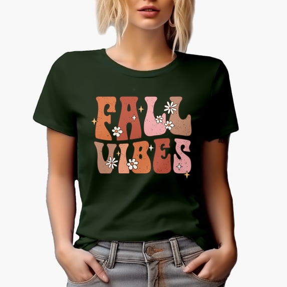 Distressed Fall Vibes, Retro Groovy Wavy Text Art, Military Green T-Shirt, Large