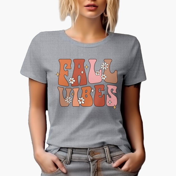 Distressed Fall Vibes - Retro Groovy Wavy Text with Flowers Art, Autumn Merch Gift, Heather Grey T-Shirt, Medium