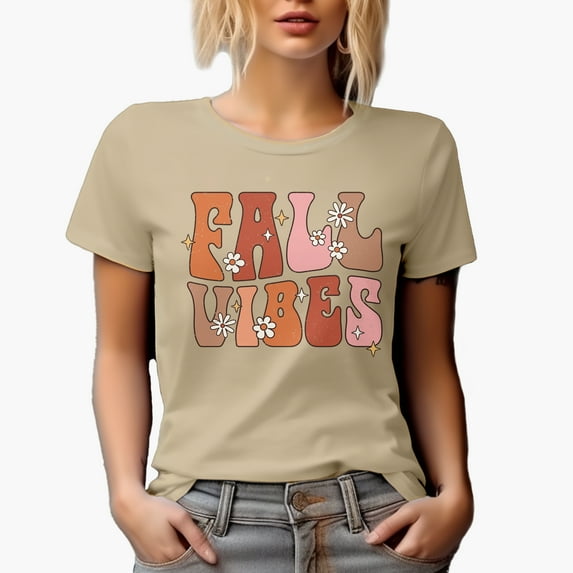 Distressed Fall Vibes - Retro Groovy Wavy Text with Flowers Art, Autumn Merch Gift, Tan T-Shirt, Large