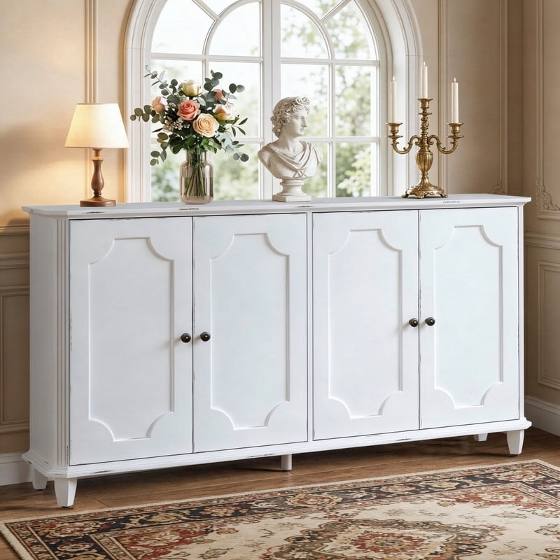 Distressed Farmhouse Buffet Sideboard Cabinet, 4 Embossed-Door Storage Cupboard, Versatile Cabinet with Adjustable Shelf