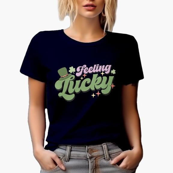 Distressed Feeling Lucky with Irish Cap, St. Patrick's Day Gift, Navy Blue T-Shirt, Small