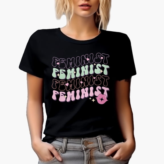 Distressed Feminist, Retro Groovy Wavy Text & Girly Art Merch Gift, Black T-Shirt, Small