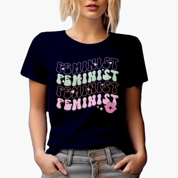Distressed Feminist, Retro Groovy Wavy Text & Girly Art Merch Gift, Navy Blue T-Shirt, XL
