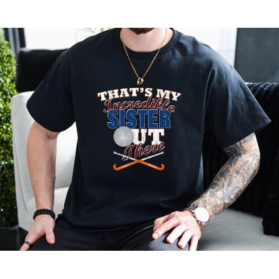 Distressed Field Hockey Player Sister Brother Sports Unisex T-Shirt, up to size 3XL.
