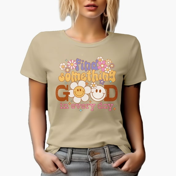 Distressed Find Something Good in Every Day - Retro Flowers & Groovy Wavy Text Art Merch Gift, Tan T-Shirt, Large