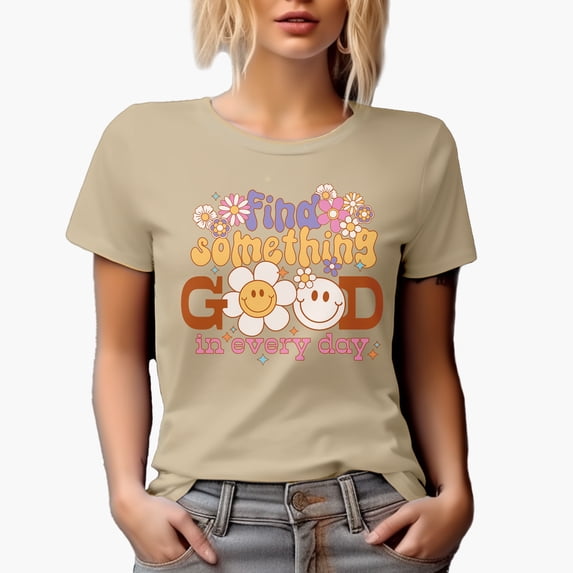 Distressed Find Something Good in Every Day - Retro Flowers & Groovy Wavy Text Art Merch Gift, Tan T-Shirt, XL