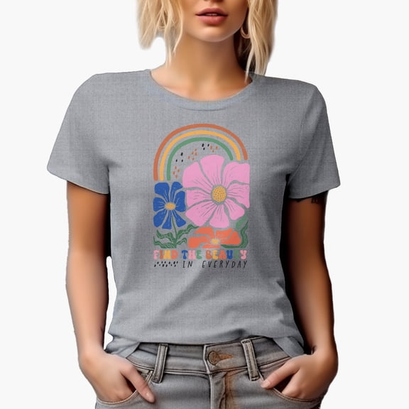 Distressed Find the Beauty in Every Day - Boho Rainbow & Flowers Art Merch Gift, Heather Grey T-Shirt, XL