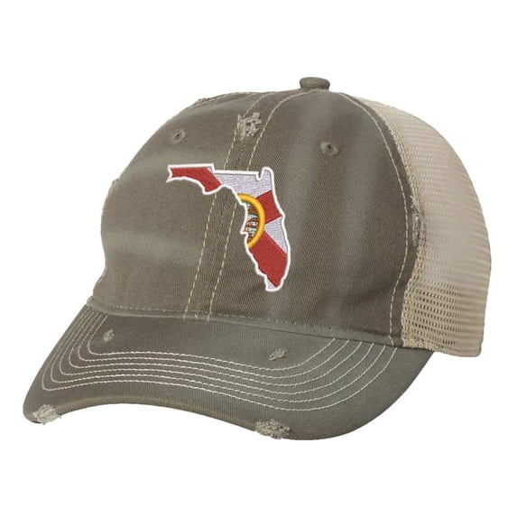 Florida State Hat - Distressed Embroidered Design - Vintage Sunshine State Trucker Strapback Cap (Olive)