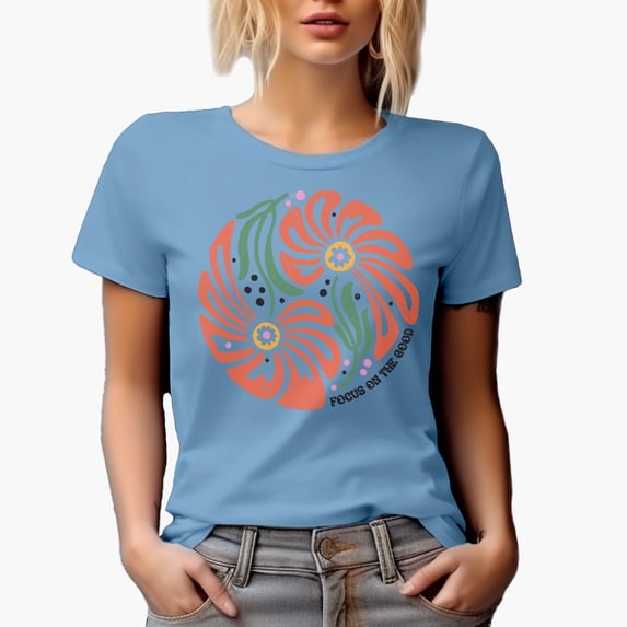 Distressed Focus on the Good - Botanical Boho Flowers Art Merch Gift, Baby Blue T-Shirt, Medium