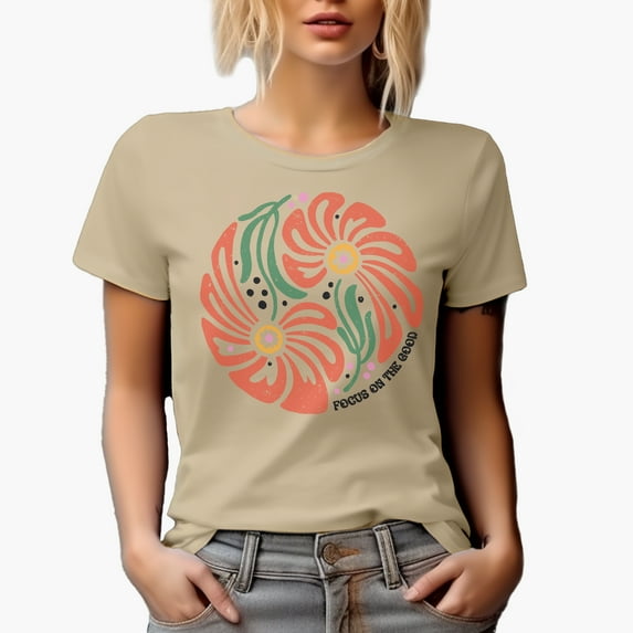 Distressed Focus on the Good - Botanical Boho Flowers Art Merch Gift, Tan T-Shirt, Large