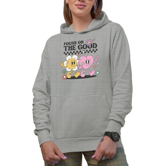 Distressed Focus on the Good - Retro Heart & Flowers Art Merch Gift, Heather Grey Hooded Sweatshirt or Hoodie, 3XL