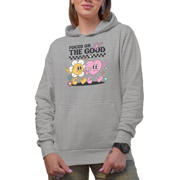 Distressed Focus on the Good - Retro Heart & Flowers Art Merch Gift, Heather Grey Hooded Sweatshirt or Hoodie, XL