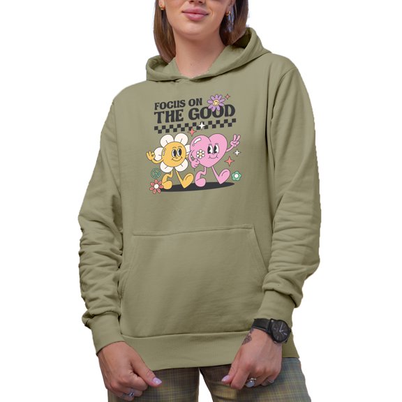 Focus on the Good, Retro Heart & Flowers Art Merch Gift, Sand Hooded Sweatshirt or Hoodie, Large