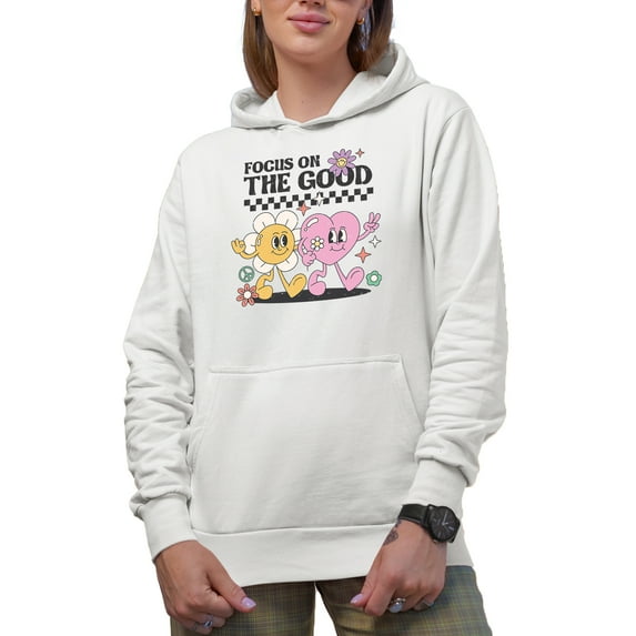 Distressed Focus on the Good - Retro Heart & Flowers Art Merch Gift, White Hooded Sweatshirt or Hoodie, Small