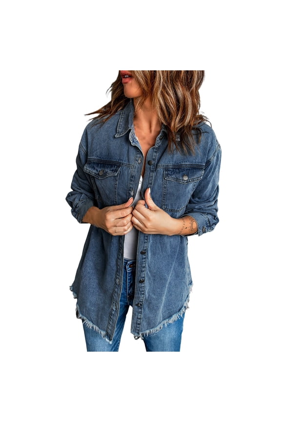 Distressed Frayed Hem Women Denim Jacket Fashion Vintage Oversized Long Sleeve Button Lapel Jean Shacket With Pocket