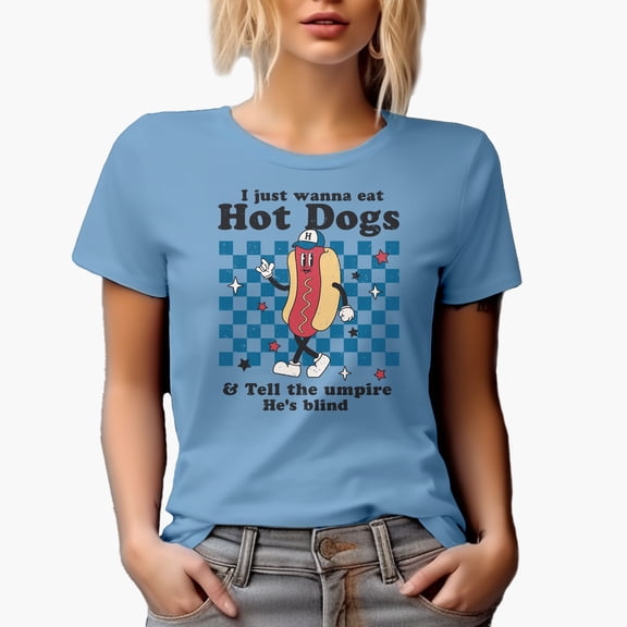 Distressed Funny I Just Wanna Eat Hot Dogs - Retro Baseball Art Merch Gift, Baby Blue T-Shirt, Small