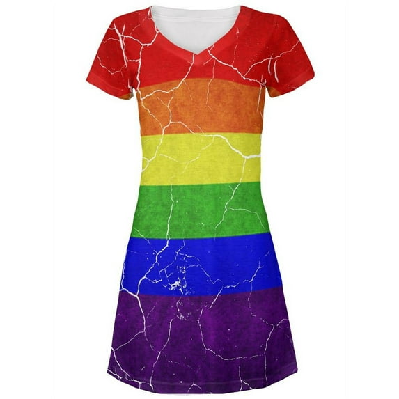 Distressed Gay Pride Flag All Over Juniors V-Neck Dress