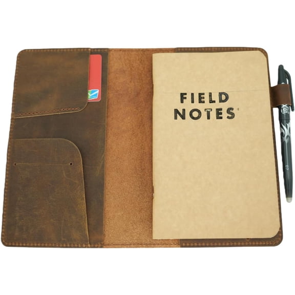Distressed Genuine Leather Notepad Cover for Field Notes Black Memo Books 4.75" X 7.5" Spiral NotebookBound 56-Week Planner Pitch Black Notebooks Gaming Journals 5E Character Brown