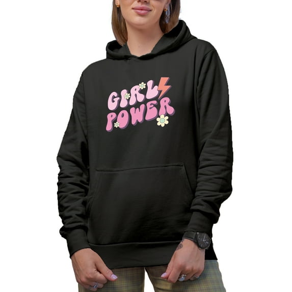 Distressed Girl Power, Retro Groovy Text Art, Black Hooded Sweatshirt or Hoodie, XL
