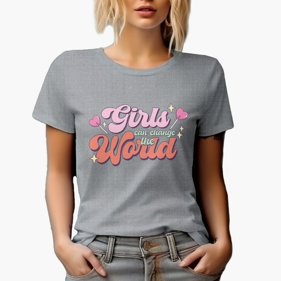 Distressed Girls Can Change the World - Retro Feminist Art Merch Gift, Heather Grey T-Shirt, Large
