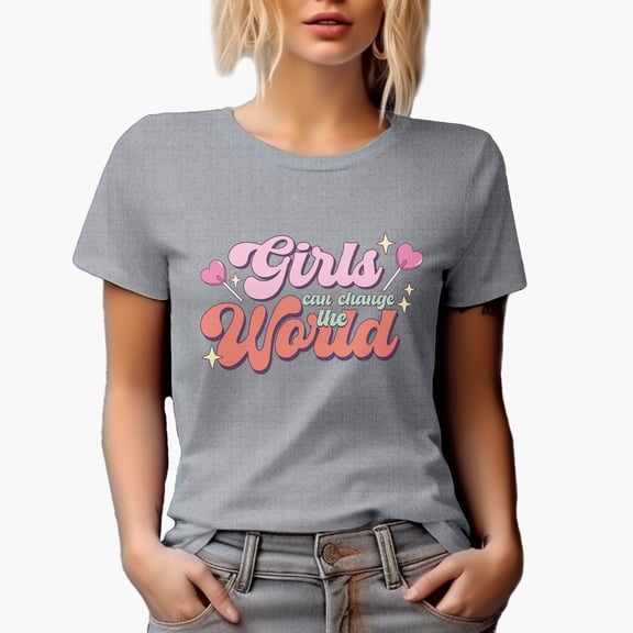 Distressed Girls Can Change the World - Retro Feminist Art Merch Gift, Heather Grey T-Shirt, Large