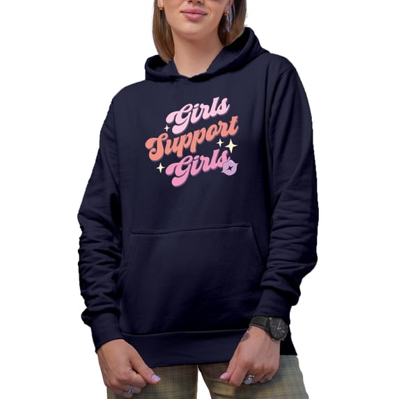 Distressed Girls Support Girls, Retro Women Empowerment Gift, Navy Blue Hooded Sweatshirt or Hoodie, Small