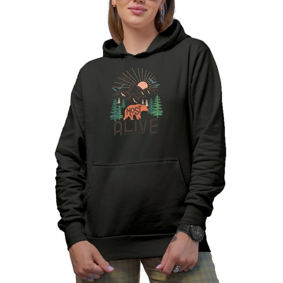 Go Where You Feel Most Alive, Bear in the Woods & Nature Adventure Art Merch Gift, Black Hooded Sweatshirt or Hoodie, 3XL