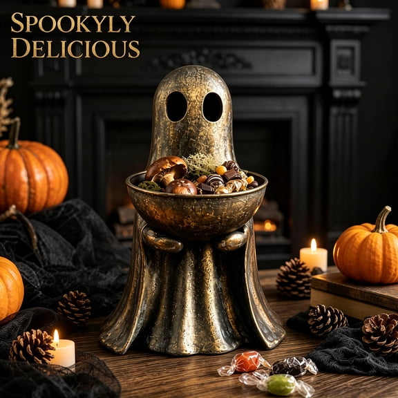 Distressed Gold Ghost Figurine Candy Bowl, Resin Halloween Tabletop Decor. Fall Mantel Treat Dish Holder for Home Party