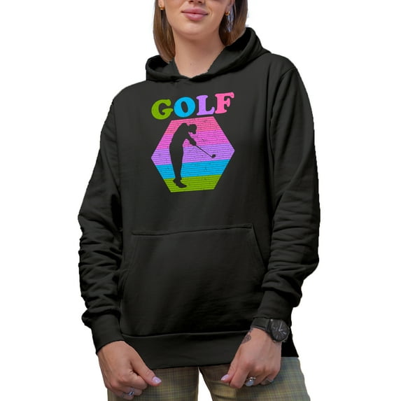 Distressed Golf Word with Different Colors & Golf Player, Golfing or Golfer Themed Merch Gift, Black Hooded Sweatshirt or Hoodie, Small
