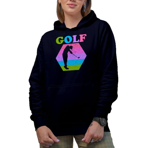 Distressed Golf Word with Different Colors & Golf Player, Golfing or Golfer Themed Merch Gift, Navy Blue Hooded Sweatshirt or Hoodie, Large