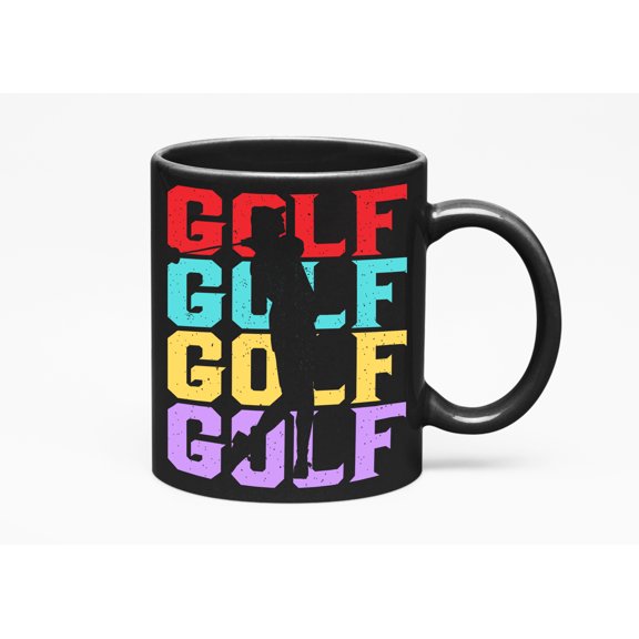 Distressed Golf Words with Different Colors & a Swinging Golf Player, Golfing or Golfer, Black 11oz Ceramic Mug