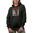 thumbnail image 1 of Distressed Golf Words with Different Colors & a Swinging Golf Player, Golfing or Golfer Themed Merch Gift, Black Hooded Sweatshirt or Hoodie, X-Large, 1 of 5