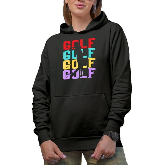 Distressed Golf Words with Different Colors & a Swinging Golf Player, Golfing or Golfer Themed Merch Gift, Black Hooded Sweatshirt or Hoodie, X-Large