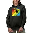 thumbnail image 1 of Distressed Golfer Word with Different Colors & Shadow of a Golf Player, Golfing or Golfer Themed Merch Gift, Black Hooded Sweatshirt or Hoodie, Small, 1 of 5