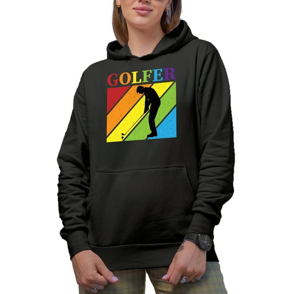Distressed Golfer Word with Different Colors & Shadow of a Golf Player, Golfing or Golfer Themed Merch Gift, Black Hooded Sweatshirt or Hoodie, Small