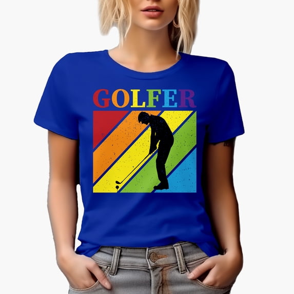 Distressed Golfer Word with Different Colors & Shadow of a Golf Player, Golfing or Golfer Themed Merch Gift, Royal Blue T-Shirt, Large