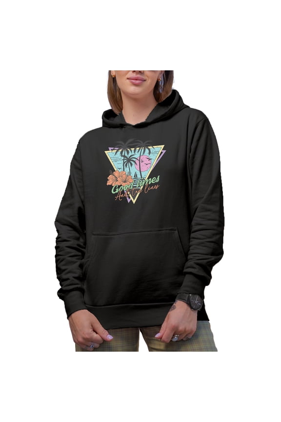 Distressed Good Times and Tan Lines, Retro Tropical or Beach Art Merch Gift, Black Hooded Sweatshirt or Hoodie, XL