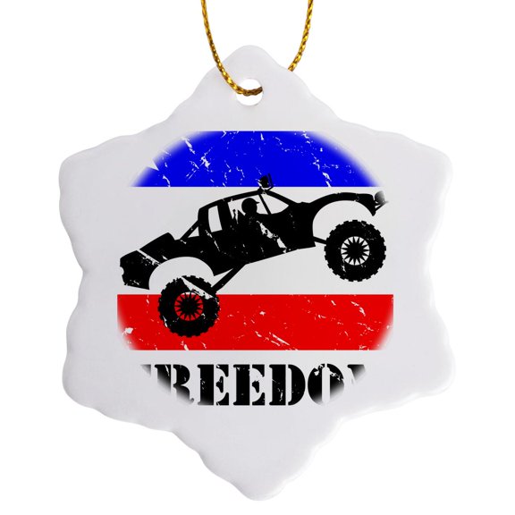 3drose, Distressed Graphic of a Pre-runner Getting Air, Featuring Freedom Text, 3 inch Snowflake Porcelain Ornament