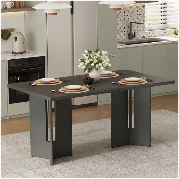 Distressed Gray Farmhouse Table, 60" Long Rectangular Dining Table with Artistic Cutout Base, Solid Wood Construction for Kitchen & Dining
