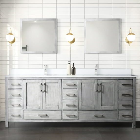 Distressed Grey Double Bath Vanity 84in W X 22in D, Cultured Marble Countertop, 34in Mirror - And Stylish Surface & Included Scratch-, Ample Storage Areas